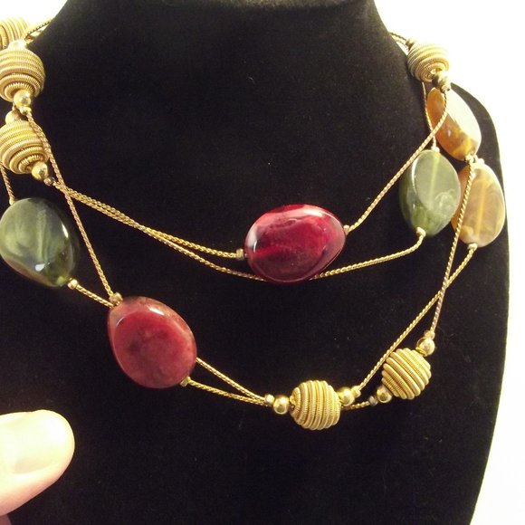 Extra LONG Gold Tone Chain Necklace Amber Cranberry & Green Tones with Gold - Picture 7 of 9